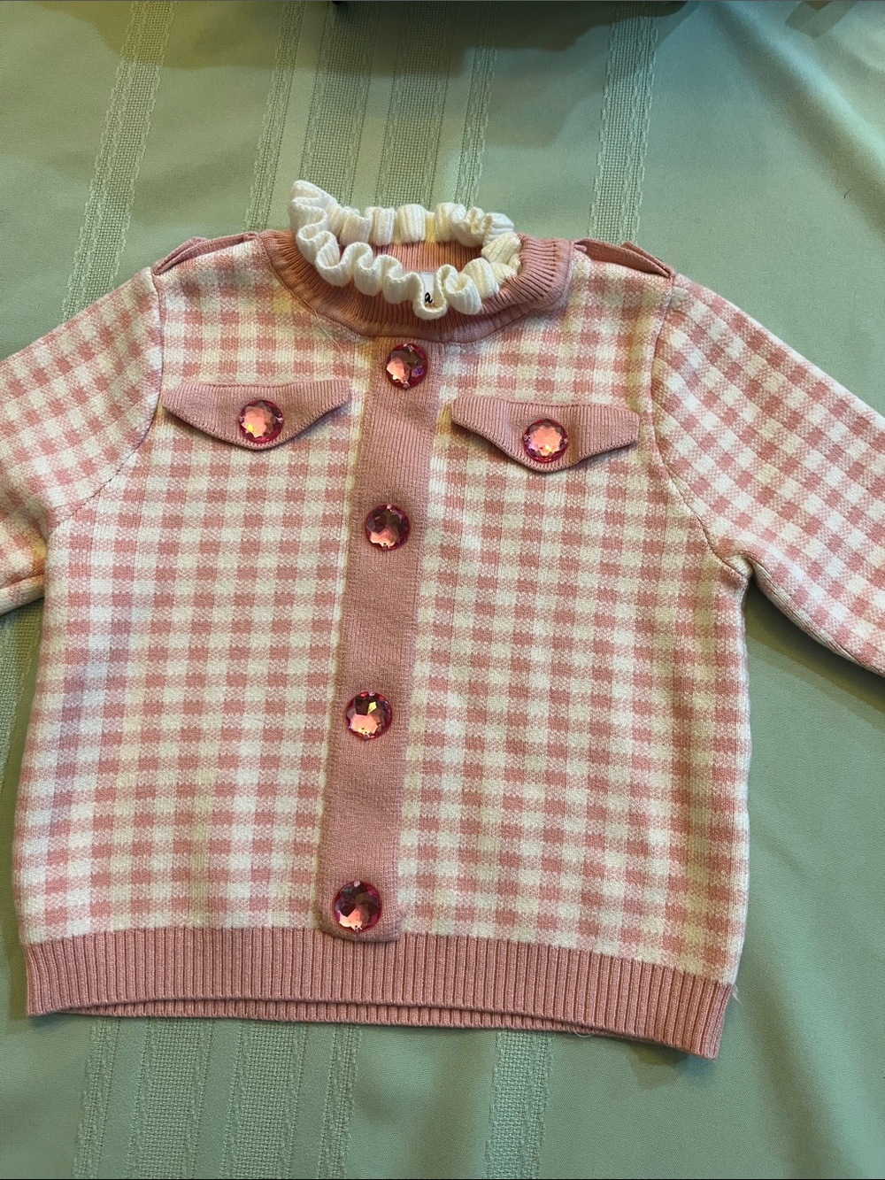 Lola + The Boys Pink Gingham Knit Sweater with Jewel Buttons